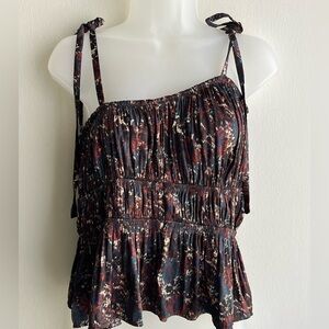 Rachel Zoe Top Black and Burgundy Boho Tie-Shoulder Smocked Peplum Medium